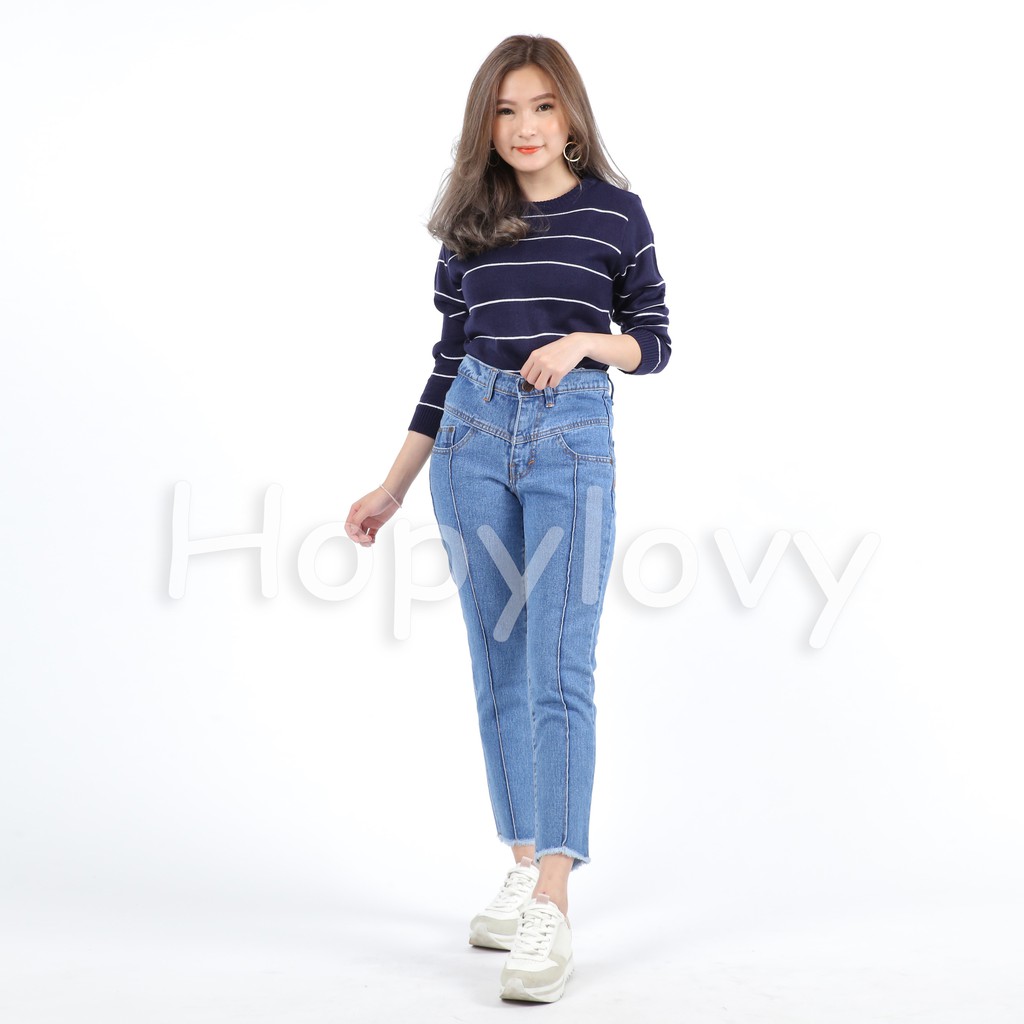 HOPYLOVY - Celana Boyfriend Jeans Wanita Model Garis Tulang Depan