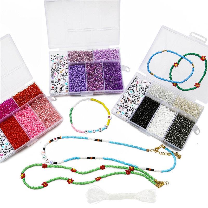 3500Pcs/box 3mm Glass Seed Beads Plastic Alphabet Letter Heart Beads with 5M Elastic Cord Mix Kits For Jewelry DIY Bracelet Make