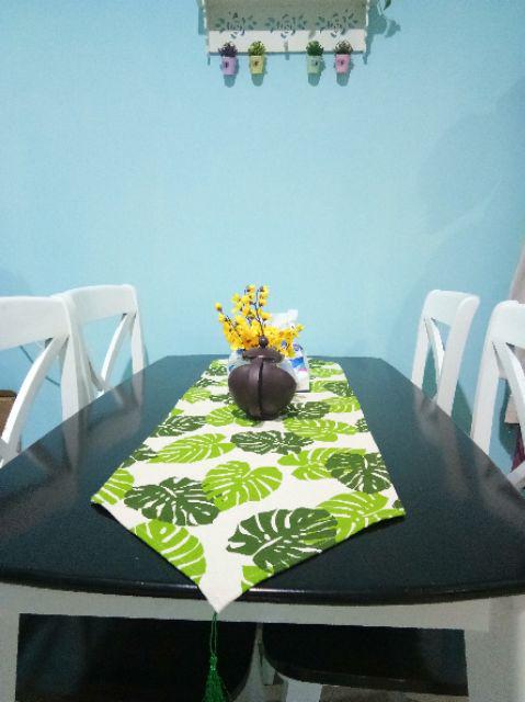 Taplak Meja Tamu Panjang Minimalis Mewah Modern Rumbai Tassel - Motif Daun Monstera