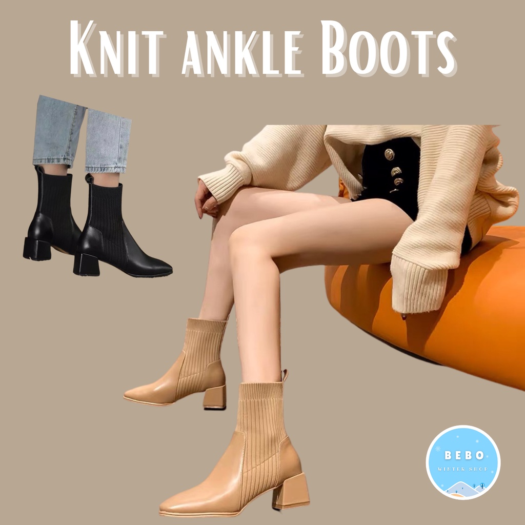 Sepatu Heels Ankle Boots Rajut Wanita Knit Sock Boots