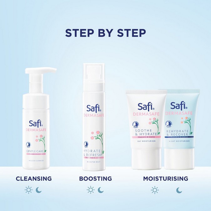 ⭐BAGUS⭐ SAFI DERMASAFE GEL CLEANSER | MOUSSE | DAY | NIGHT MOISTURIZER | BOOSTER MIST