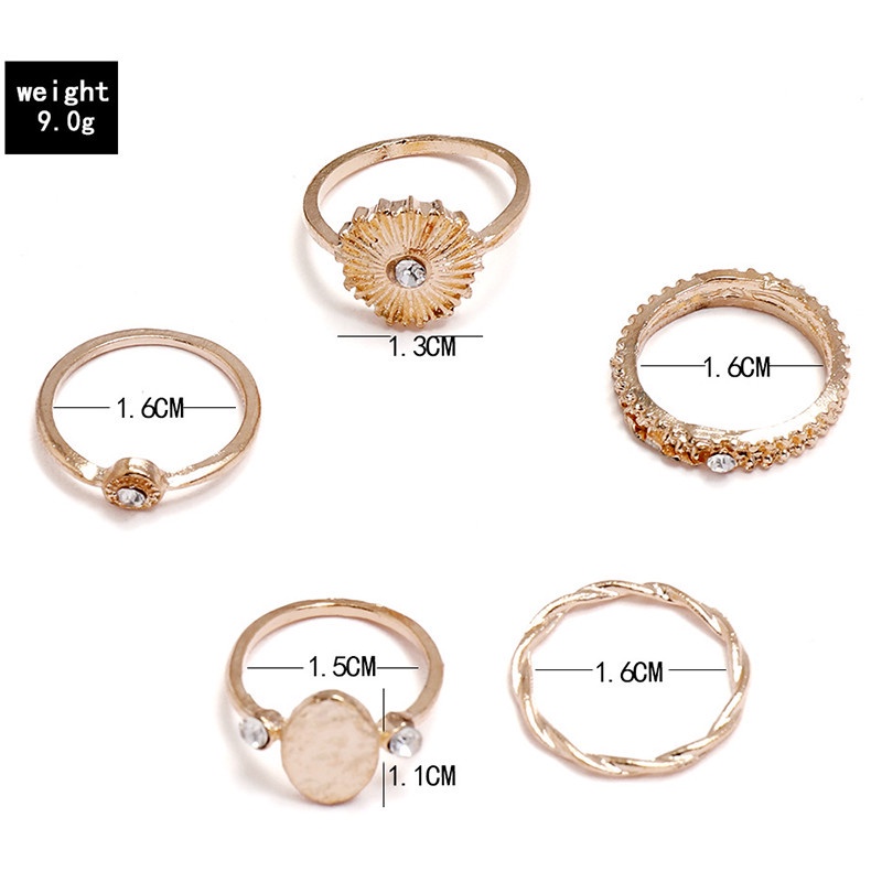 5pcs / Set Cincin Berlian Warna Emas Untuk Aksesoris Perhiasan Wanita