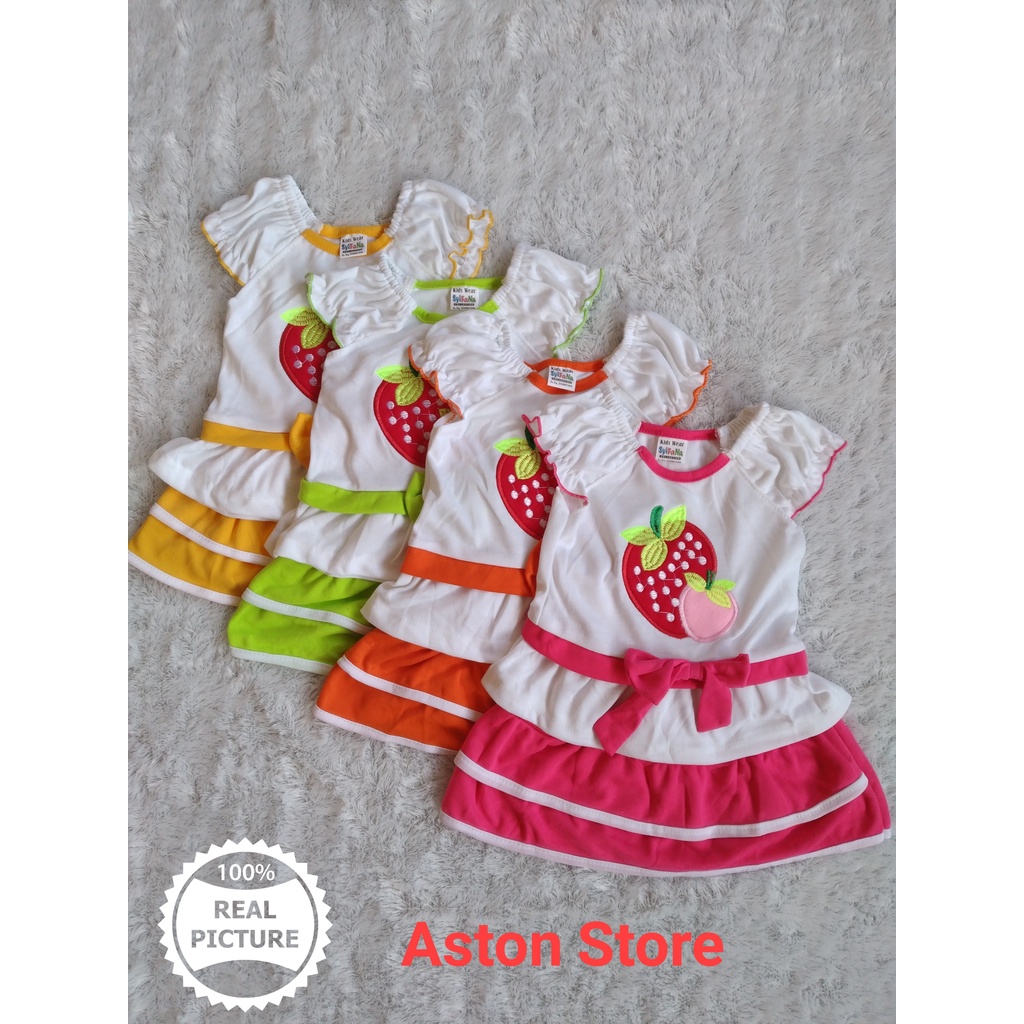 Setelan Baju Bayi Perempuan / Baju Rok Bayi Perempuan / Dress bayi Umur 3-18 Bulan Motif Stroberi - 