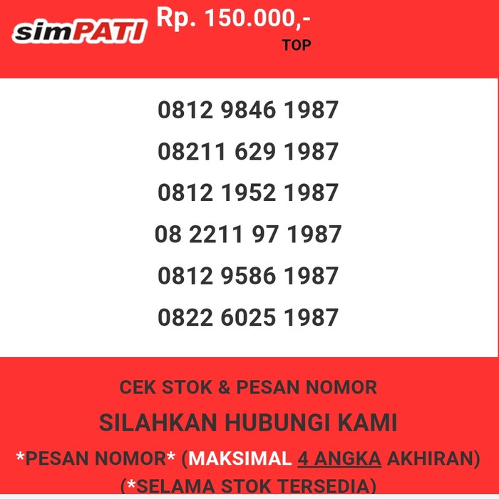 Nomor cantik Telkomsel murah tahun lahir 1987 simpati & loop T0888-150