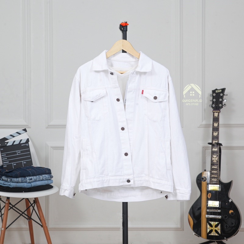 Jaket Jeans Pria Wanita Oversize Putih Polos