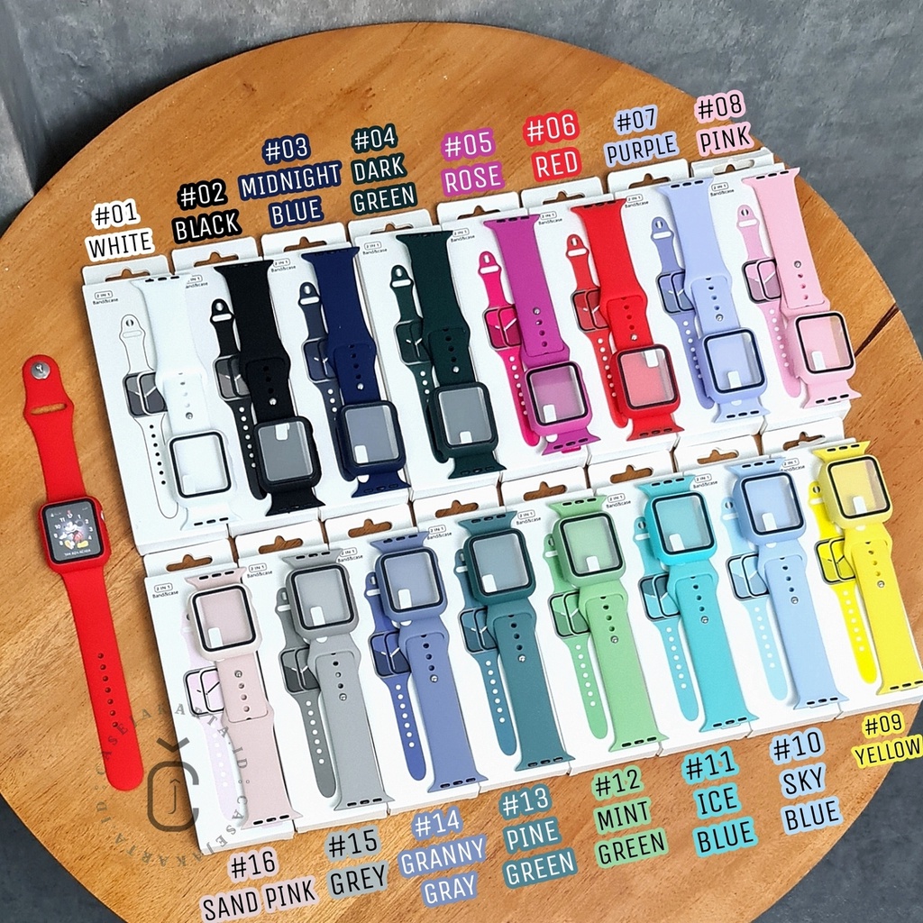 ( TANPA JAM ) &quot; FULLSET 2 IN 1 &quot; TALI STRAP APPLE WATCH BASIC + TEMPERED GLASS CASE COVER - SERI 1 2 3 4 5 6 7 8 SE ULTRA | SIZE 38mm 40mm 41mm 42mm 44mm 45mm 49mm | sport band iwatch full color rubber silicone