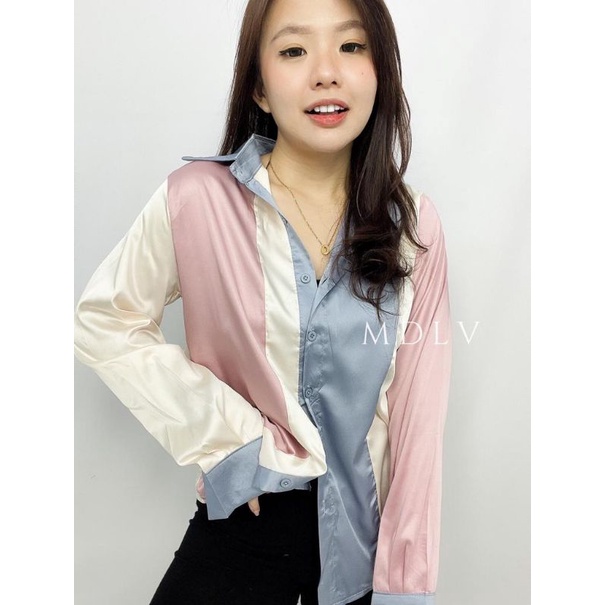 MDLV ~ 2820# Francesca Patchwork Shirt Kemeja Ombre Fashion Import