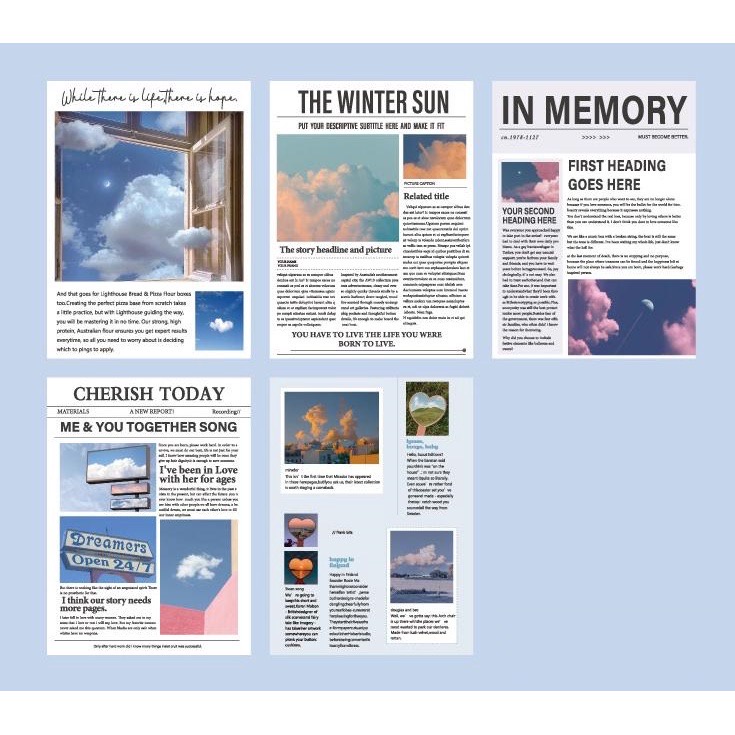 50 lembar Kertas Motif Newspaper Aesthetic Dessert Koran Vintage Paper Colorfull Scrapbook- km28-Sky