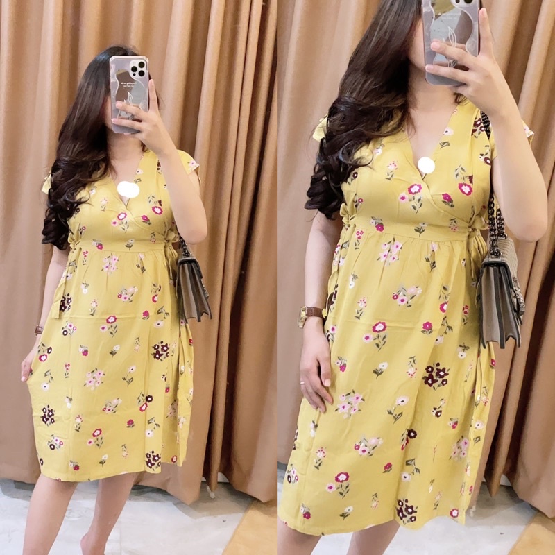 Baju tidur Daster kekinian kimono busui frendly bahan rayon adem-KUNING BUNGA MERAH
