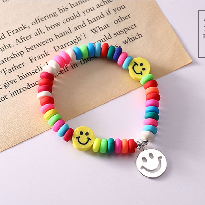 Gelang Tangan Manik-Manik Stretch Aksen Smiley Face Warna Pelangi Untuk Wanita