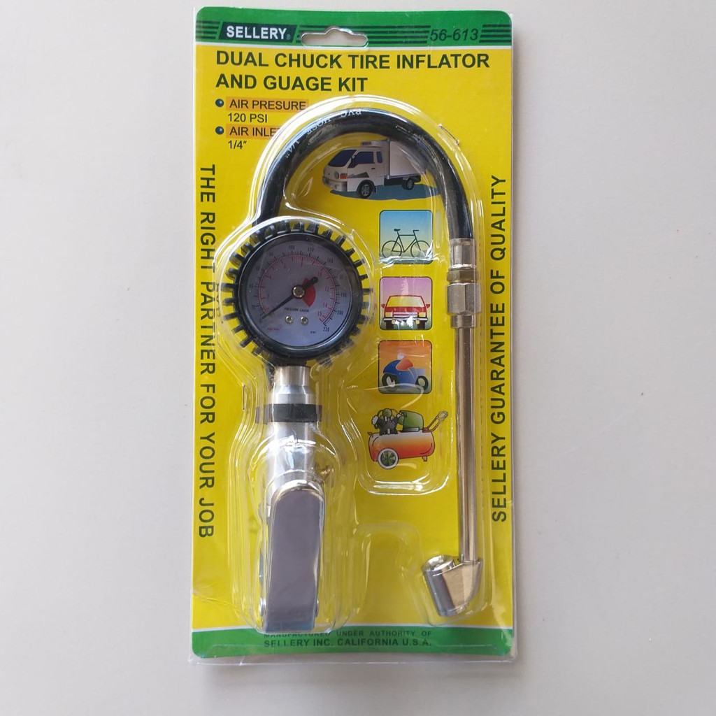 Sellery 56-613 Dual Chuck Tire Inflator Alat Isi Angin Kompressor Cek Tekanan Angin