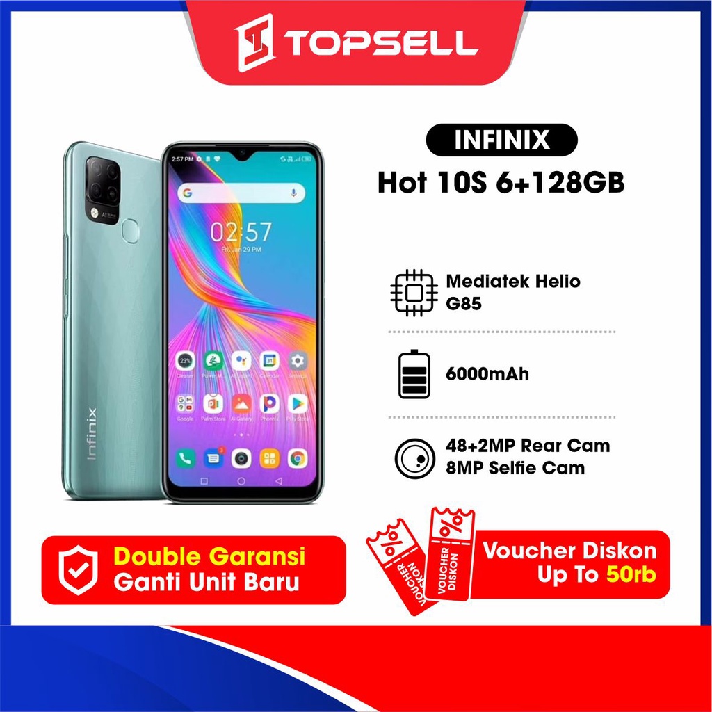 Infinix HOT 10S 6/128GB Helio G85 6.000 mAh  48MP Camera  90Hz 6.82”HD + Display Garansi Resmi 12 Bu