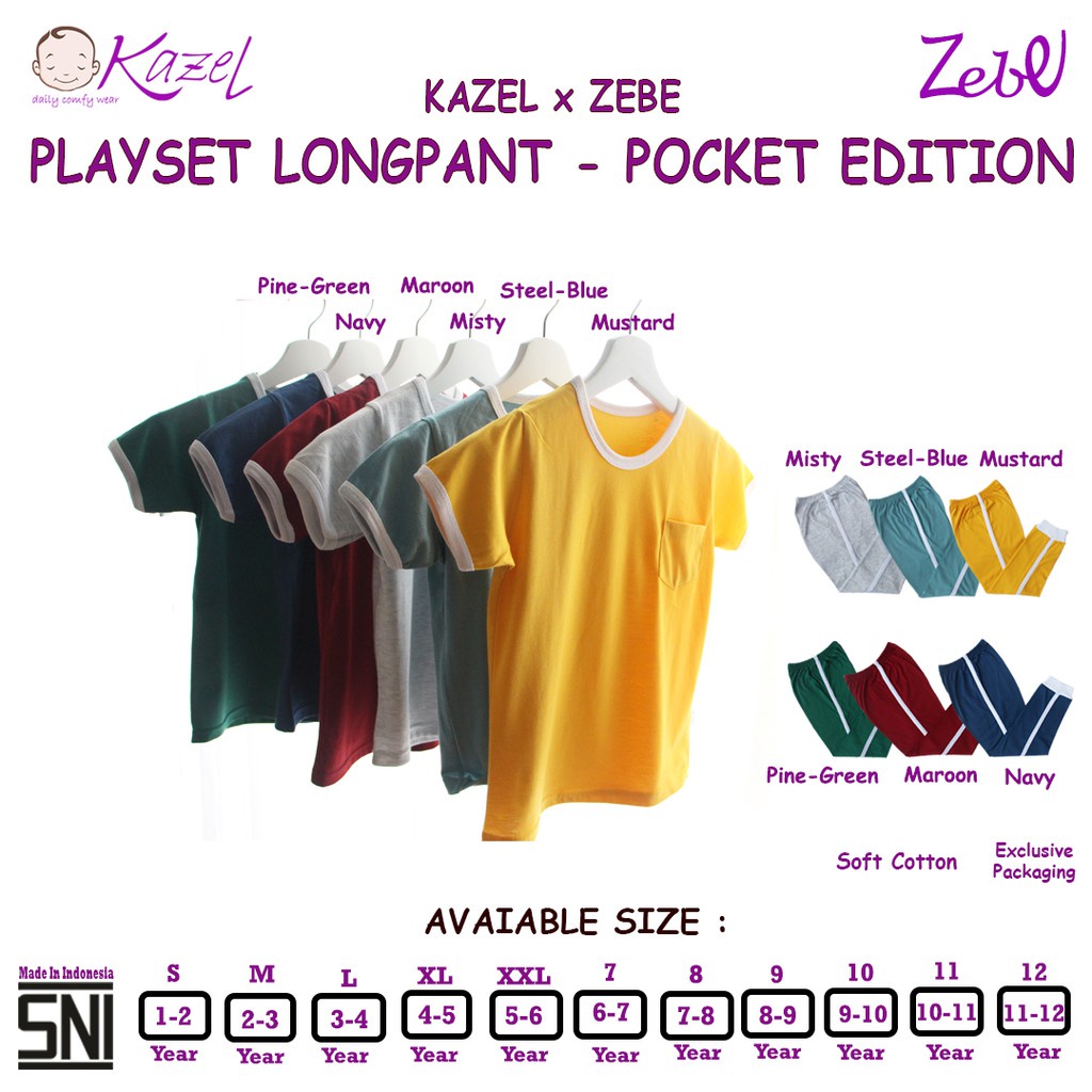 1stel Kazel Zebe Playset Longpants Pocket Big Size 7 8 9 10 11 12 - Pocket Unisex Edition 7-12tahun  / Setelan Pendek Panjang Anak