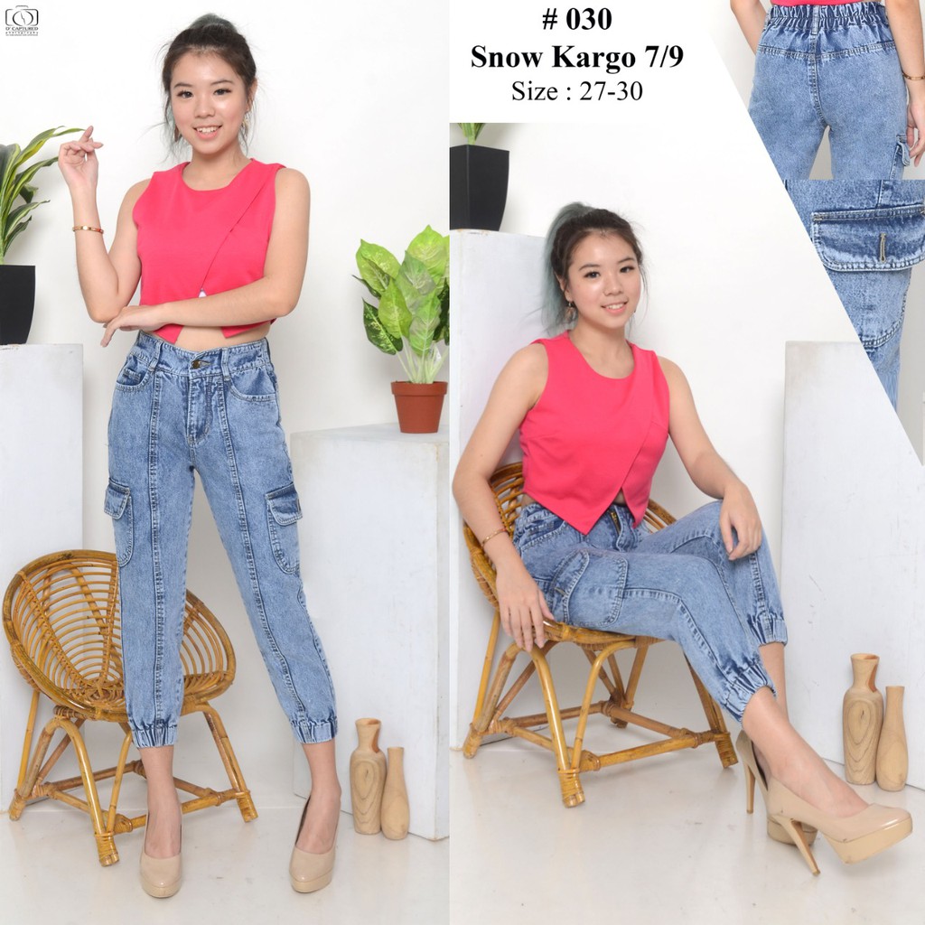 MC girl Celana Jeans Boyfriend Panjang Pinggang Karet / Cargo Jeans Panjang