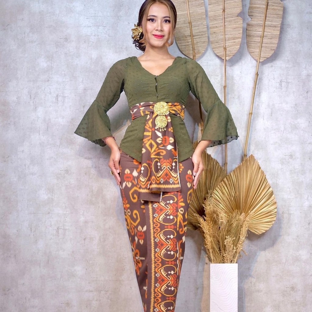 (KODE7) ONE SET KEBAYA JADI YORYU URAGIRI TROMPET+KAMEN MOSCREPE+SELENDANG-Hijau army