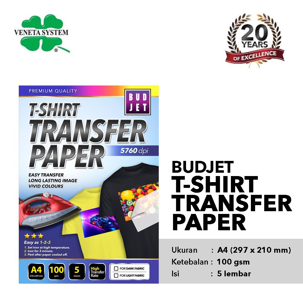 Kertas Budjet Transfer Paper Light for Pabric - Dark for Pabric A4 isi 5 lembar