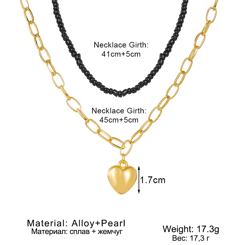 Black Bead Love Pendant Double Clavicle Chain Stacked Bead Necklace For Women