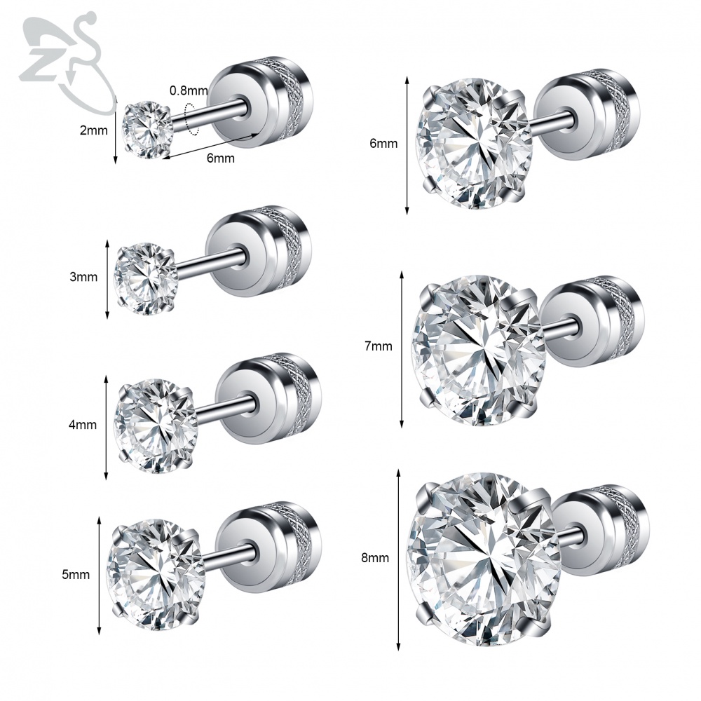 1pc Anting Stud Kristal Ganda Bentuk Bulat Bahan Stainless Steel 5 Warna Ukuran 2-8mm