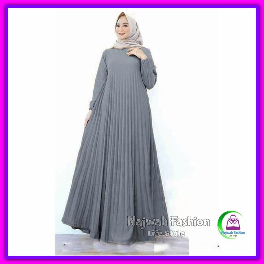Jual Baju Long Dress Wanita Higet Super Plisket Premium Maxi Dress Gamis Syari Amanda Abu-Abu Murah