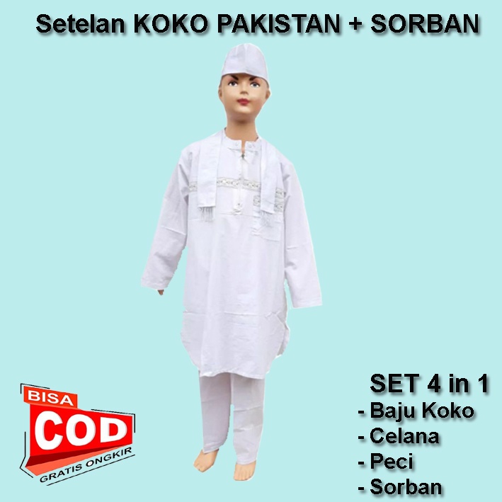 setelan / pakaian muslim koko pakistan putih model 4in1 + syal anak laki laki 1-12 tahun