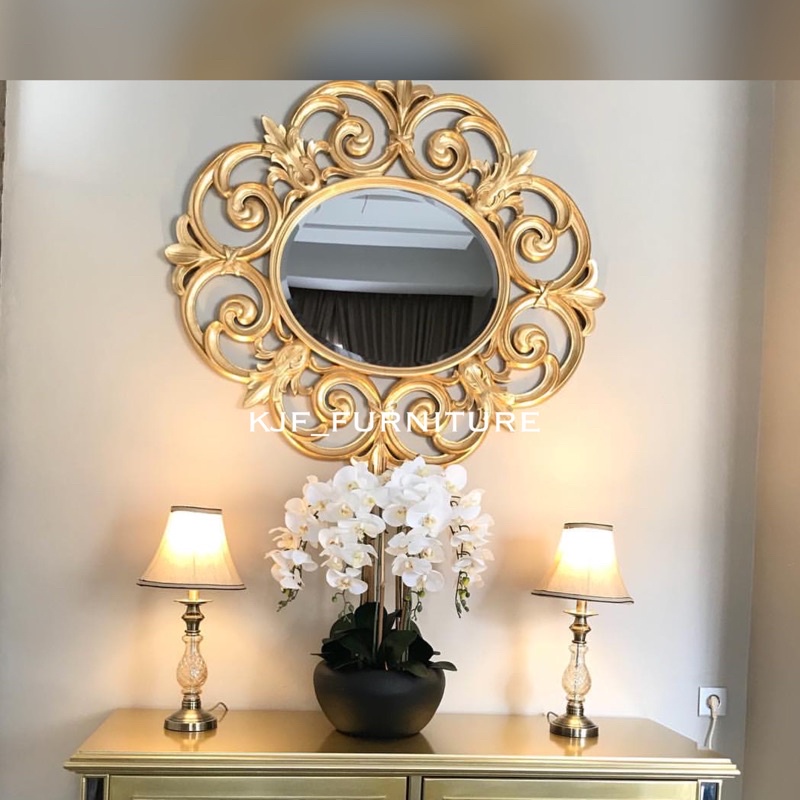 cermin ukir bundar cermin dinding ukir gold D kaca 50 cm
