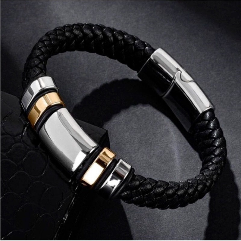 [Z H Jewelry] Hip Hop Rock Retro Pria Fashion Gelang Kulit Stainless Steel Perhiasan Aksesoris