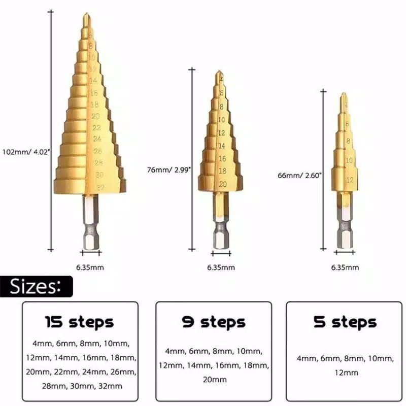3PCS MATA BOR BESI KUNINGAN KAYU PLASTIK - STEP DRILL PAGODA TINGKAT