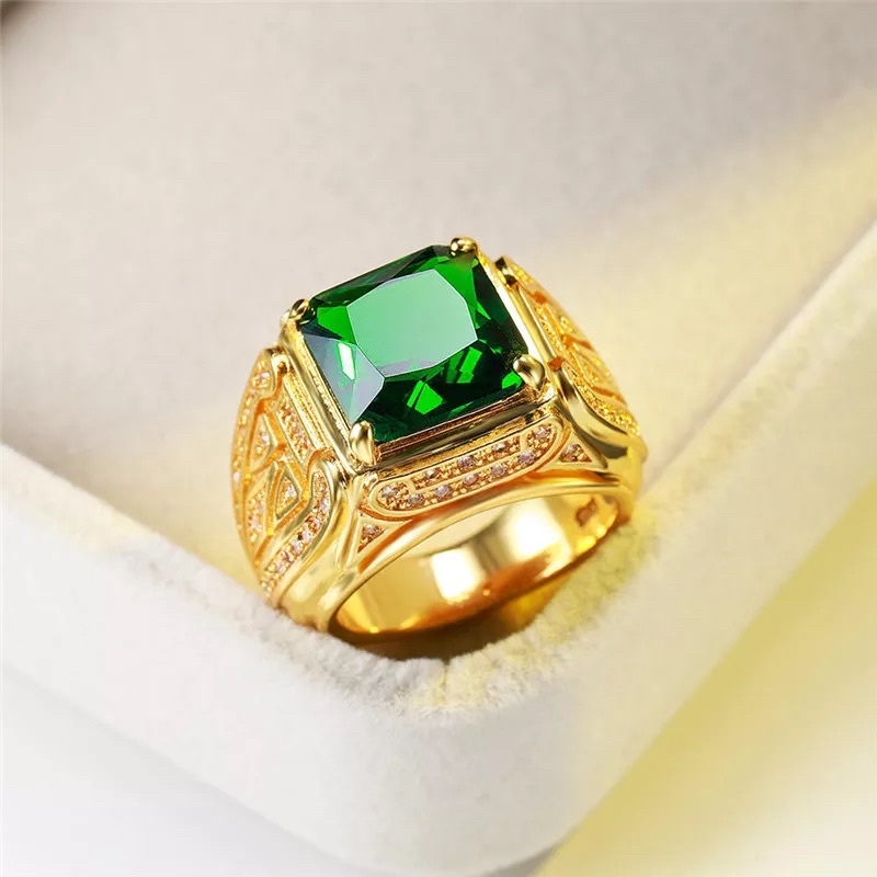 Cincin Batu Permata Zamrud Hijau Emerald Green Cubic Zirconia Mewah Berkelas Ring Gold Platted