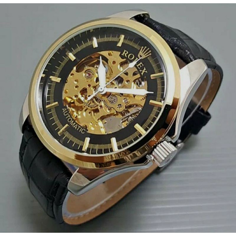 Jam Tangan Pria Rolex Autometic Skeleton Tali Kulit - Jam Tangan Rolex Otomatis Tali Kulit Hitam