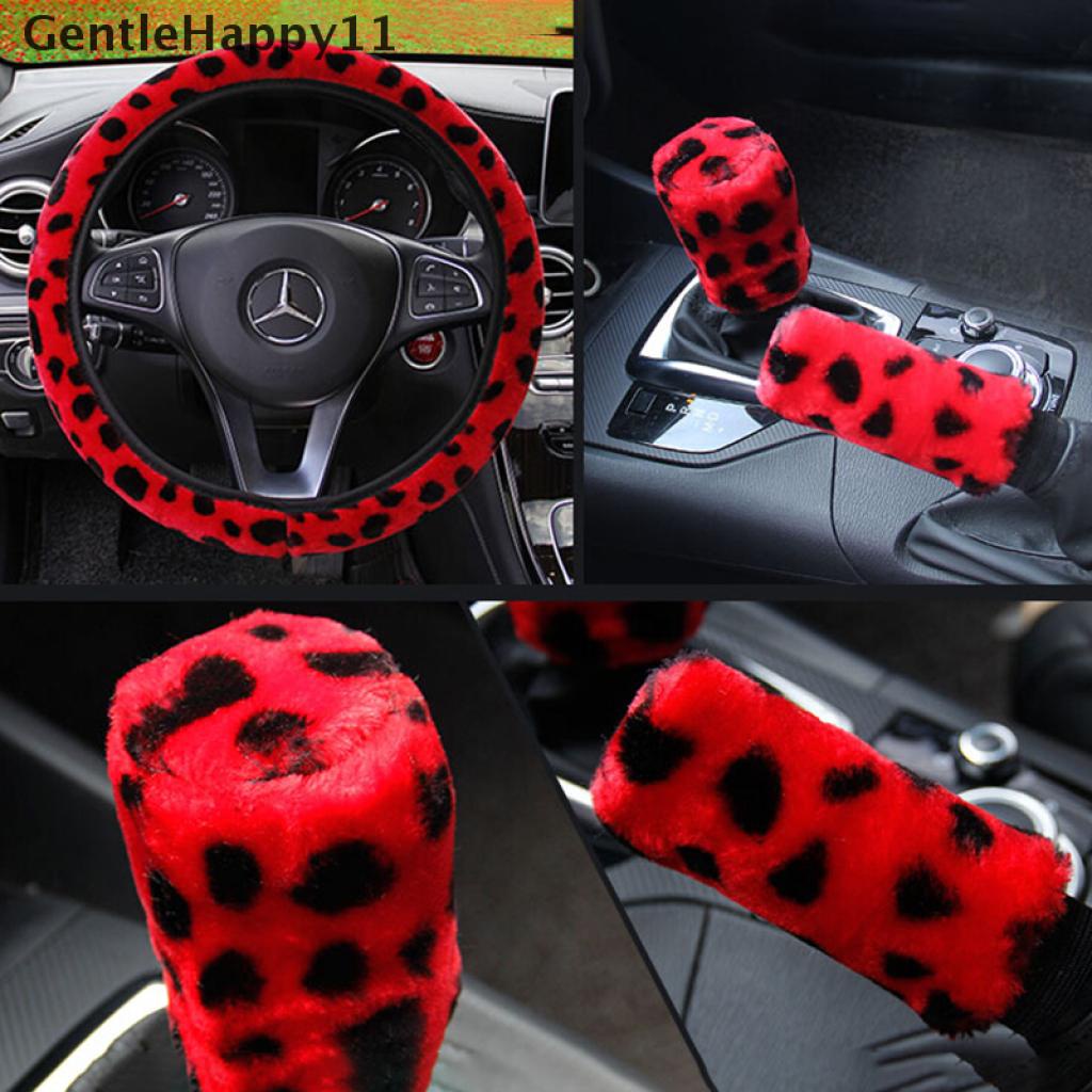 Gentlehappy 3Pcs/Set Leopard Bulu Halus Mewah Penutup Setir Musim Dingin Aksesoris Mobil