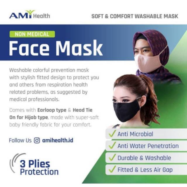 Masker Kain Premium Anti Microbial AmiHealth 3 Plies Protection Earloop Original