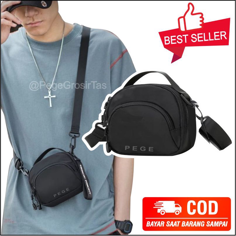 Pege 8863 - Tas Selempang Pria Korea Style Slempang Mini Slingbag Bahu Cowok Distro Polos Hitam