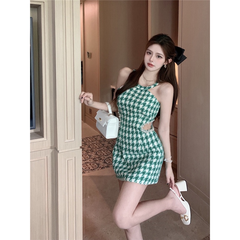 Mini Dress Hijau Houndstooth Suspender Gaun Wanita Musim Panas Bahasa Perancis Temperamen Tanpa Leng