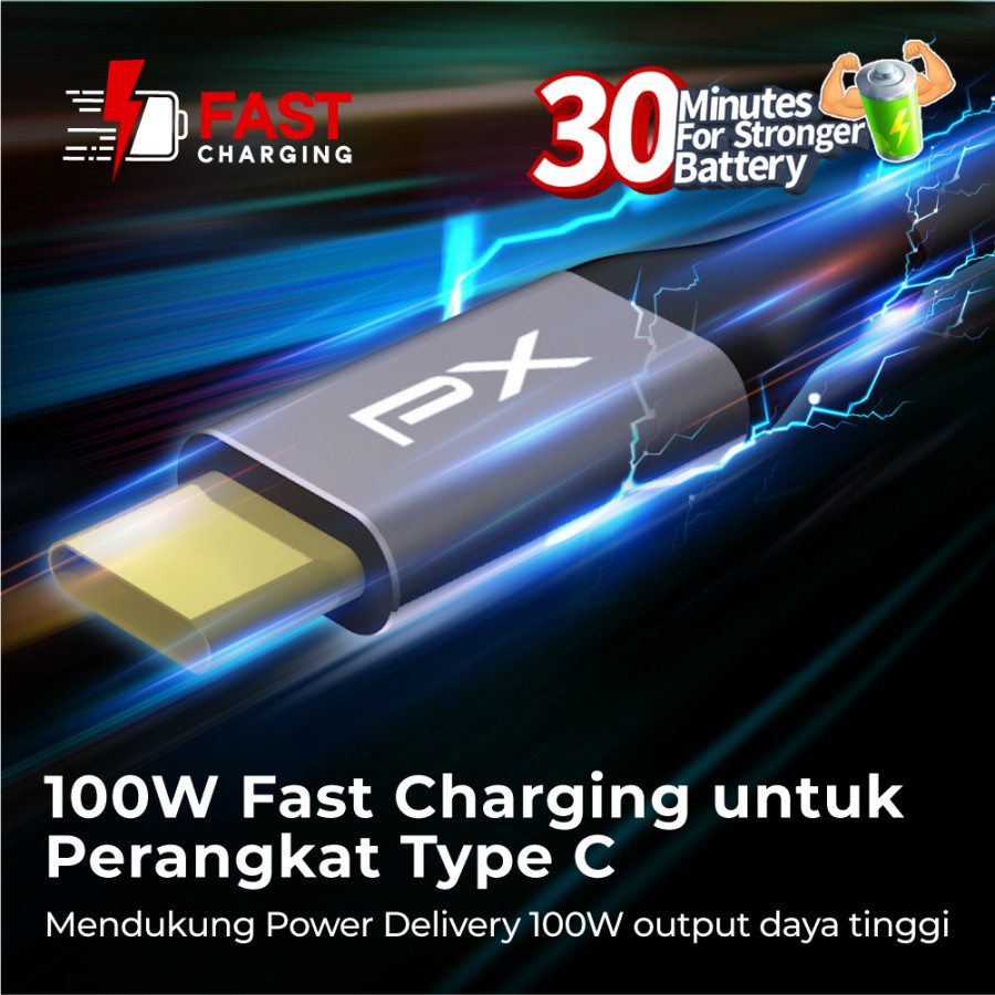 Kabel Data USB Type C To Type C Fast Charging 100W 0.25M PX UCC3-0.25B