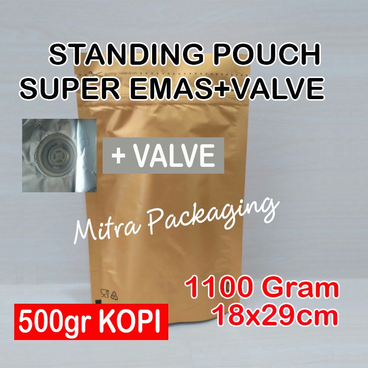 

KPACK Kemasan Kopi 500gr Standing Pouch Super Emas 1100 Alumunium Foil+Zipper+Valve (180x290x44mm)