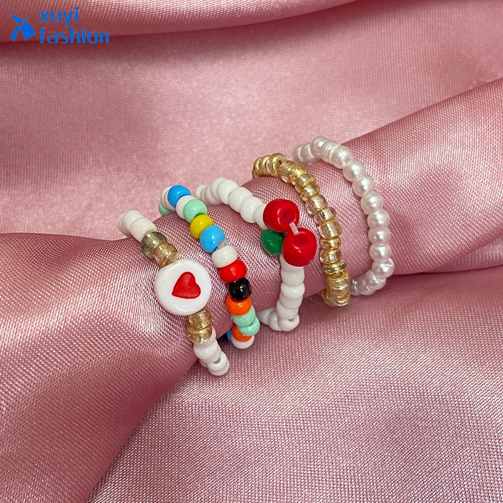 5Pcs/set Korean Fashion Beads Ring Set Ins Colorful Cherry Heart-shaped Rings Women Jewelry Accessories