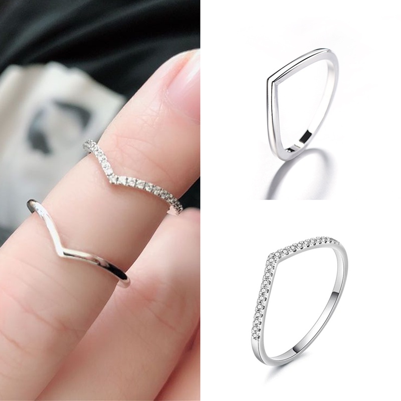 Cincin Sterling Silver 925 Bentuk V Hias Cubic Zirconia Untuk Wanita