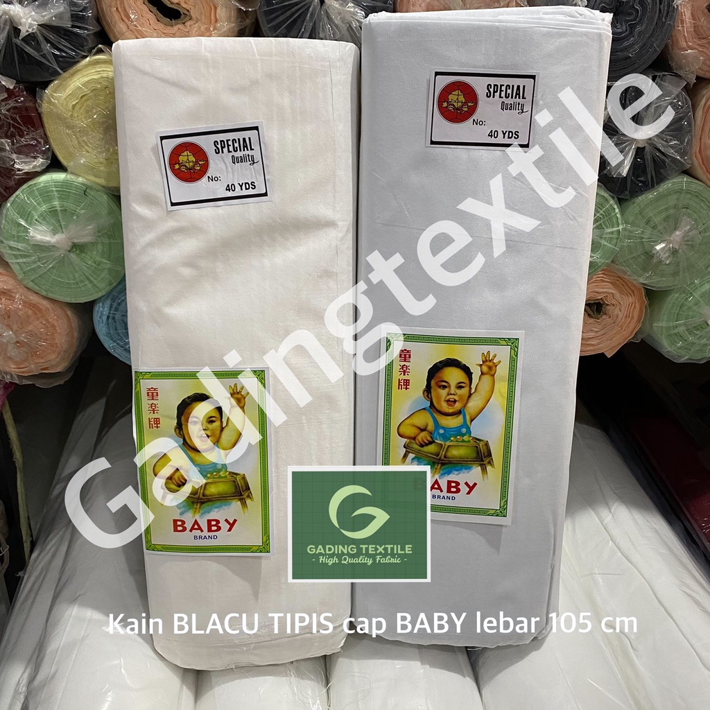 ( per 1 roll ) kain BELACU tipis BLACU cap BABY warna BW putih bersih lebar 105 cm rollan polyester bahan kantong celana furing lapisan sofa kursi craft kerajinan kelambu tas sovenir souvenir goodie bag tirai hordeng horden gorden dekorasi dekor