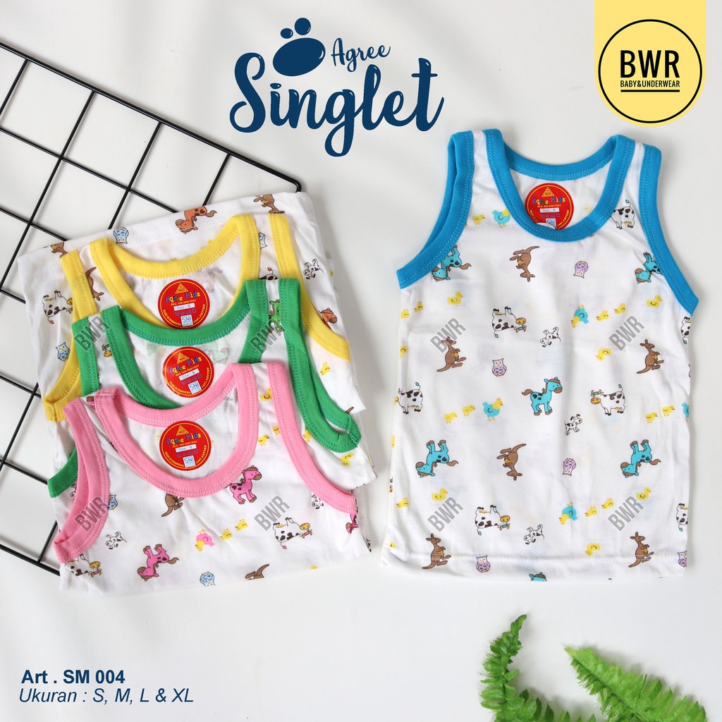 [ 6pc ] Singlet ANAK AGREE KIDS SM004 PUTIH MOTIF ANIMAL | Kaos Dalam Anak Kutung PUTIH - Bwr