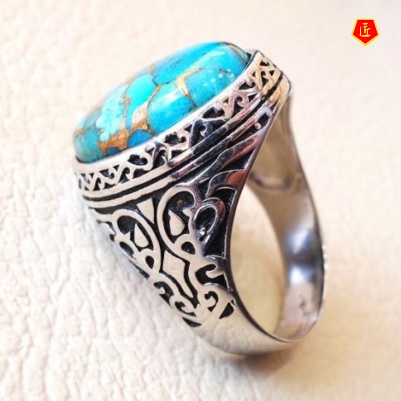 [Ready Stock]Inlaid Turquoise Retro Silver Ring Elegant Graceful