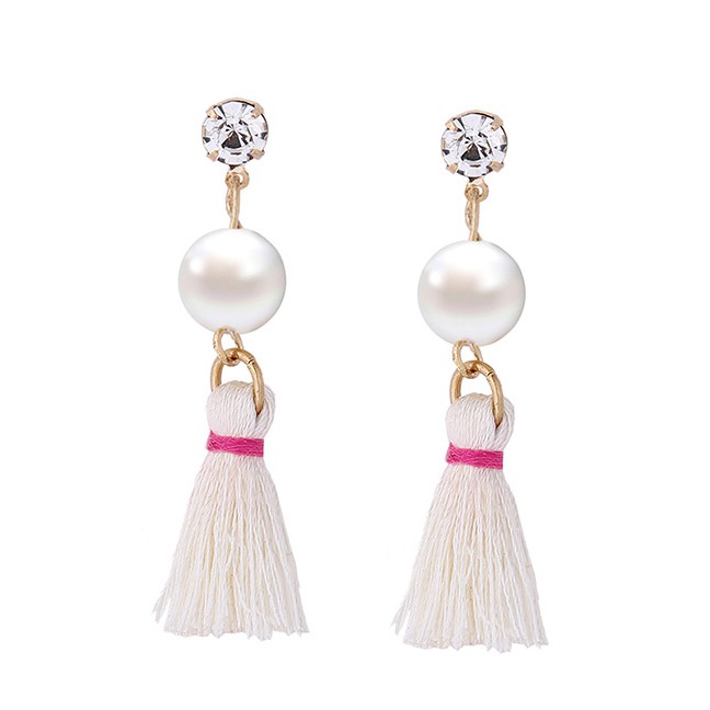 LRC Anting Tusuk Fashion Pearl &amp; diamond Decorated Tassel Pure Color Earrings