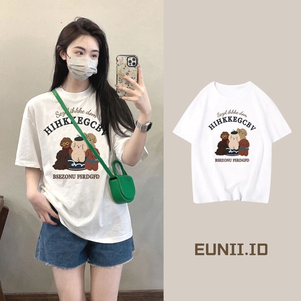 EUNII T-shirt Lengan Pendek Retro Kartun Anak Anjing Longgar Korean Style /Kaos Atasan Wanita/Baju Kaus Oversize Wanita