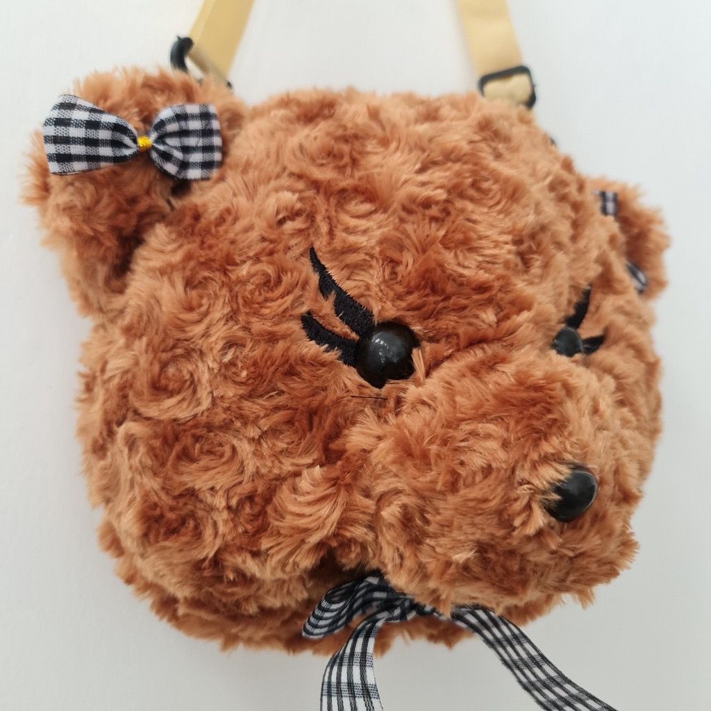 Tas Selempang Wanita Boneka BERUANG GENIT LENTIK Bulu Curly Velveteen Eyeliner Teddy Bear / Tas Beruang Bulu Curly