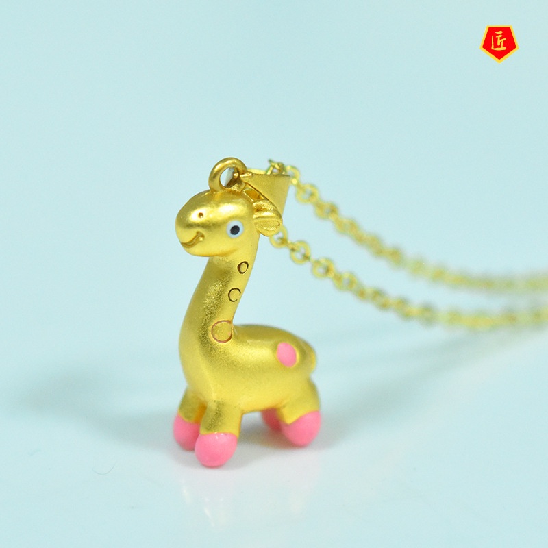 [Ready Stock]Cute Animal Giraffe Pendant Lucky Beads Gold Necklace