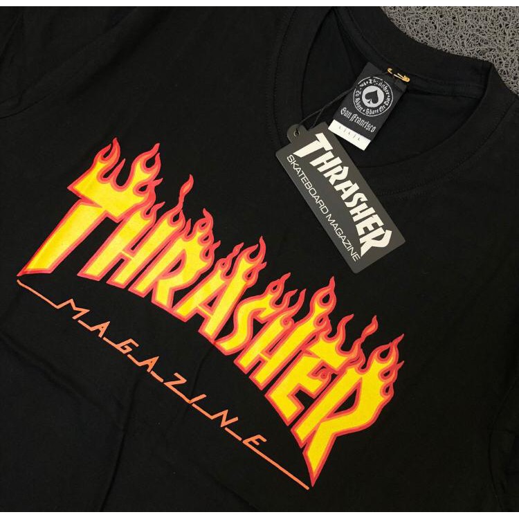 T SHIRT KAOS THRASHER FLAME BLACK AUHTENTIC FULL LEBEL