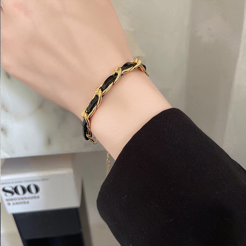 Titanium Gelang Versi Korea Fashion Sederhana Retro Rantai Hitam PU Kulit Gelang