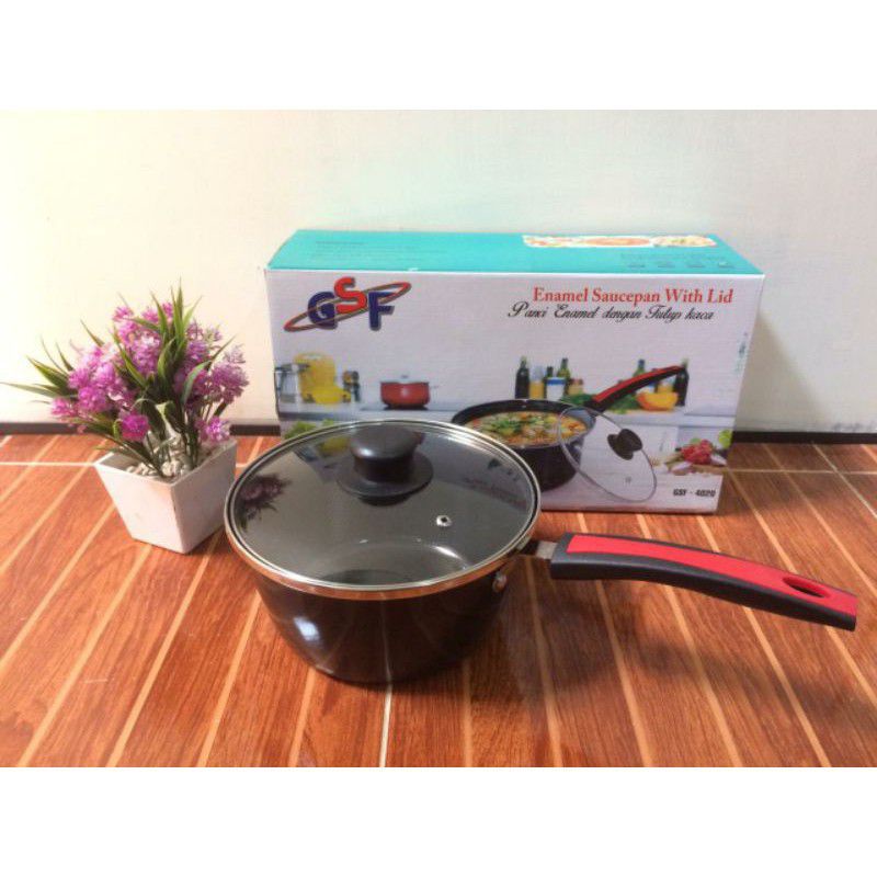 Sauce Pan enamel saucepan Q2 2001 & GSF 4018 + tutup kaca Panci Saus Panci Susu Anti Lengket BAHAN e