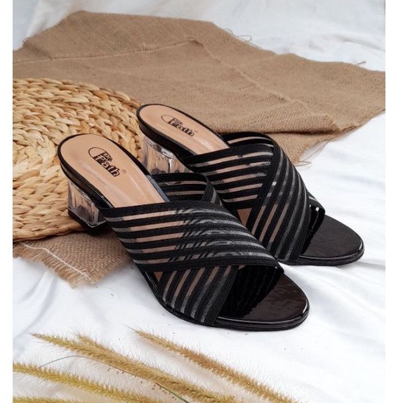 SW 99 Sandal Heels wanita Hak Kaca 5 cm Transparan Karet Silang