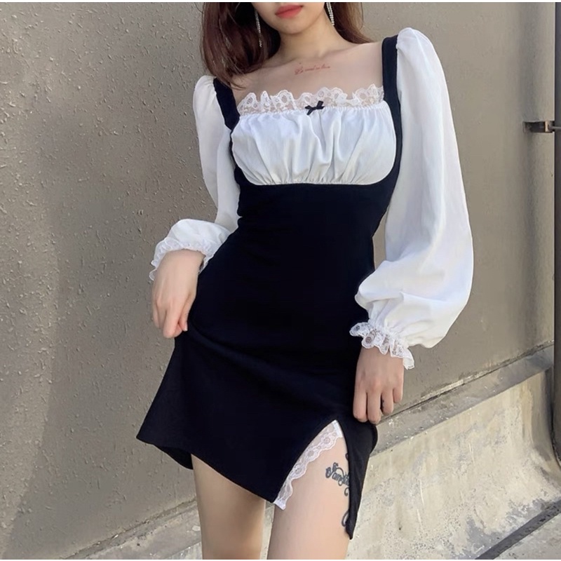 Korean retro dress/ Korean cute long-sleeve mini dress 07