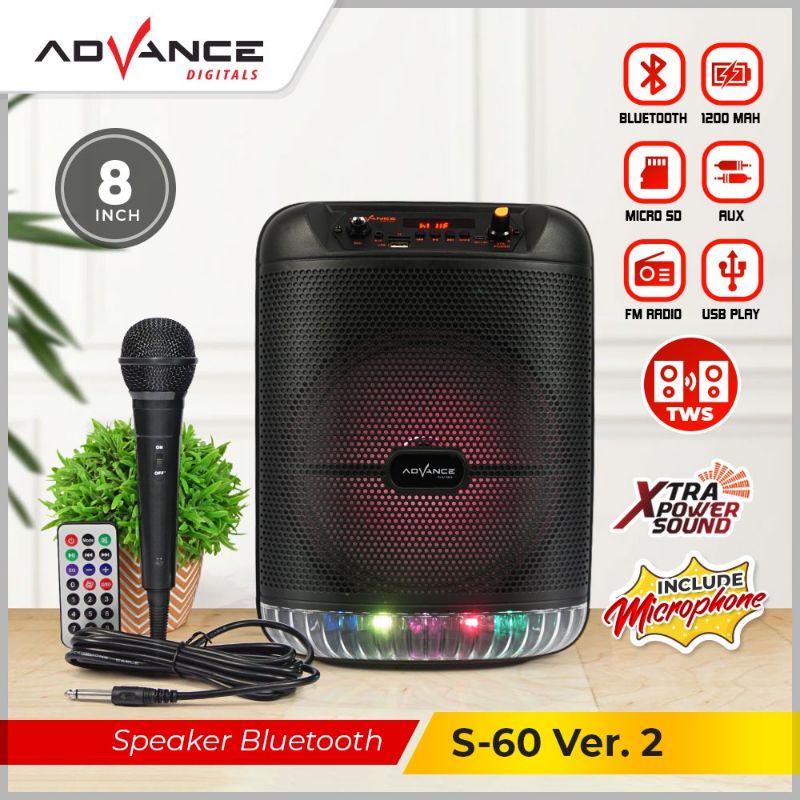 Advance S=60 Speaker Bluetooth 8Inchi Plus Mic Karaoke/Speaker Wireless Radio Fm/Salon Aktif Portable Etra Power Sound